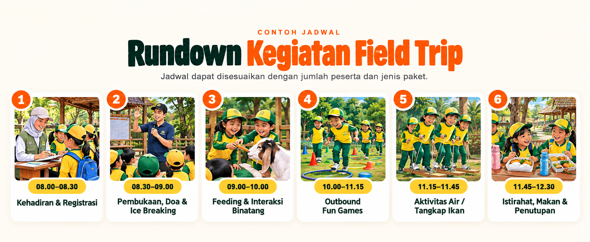 Rundown kegiatan Field Trip Jogja Exotarium: registrasi, pembukaan dan ice breaking, feeding dan interaksi binatang, outbound fun games, aktivitas air atau tangkap ikan, serta istirahat makan dan penutupan.